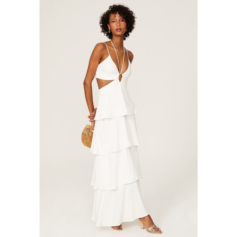 Line & Dot Sonia Tiered Cutout Maxi Dress White XS Satin Look Resort